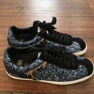 Ash black suede glitter and leopard sneakers.